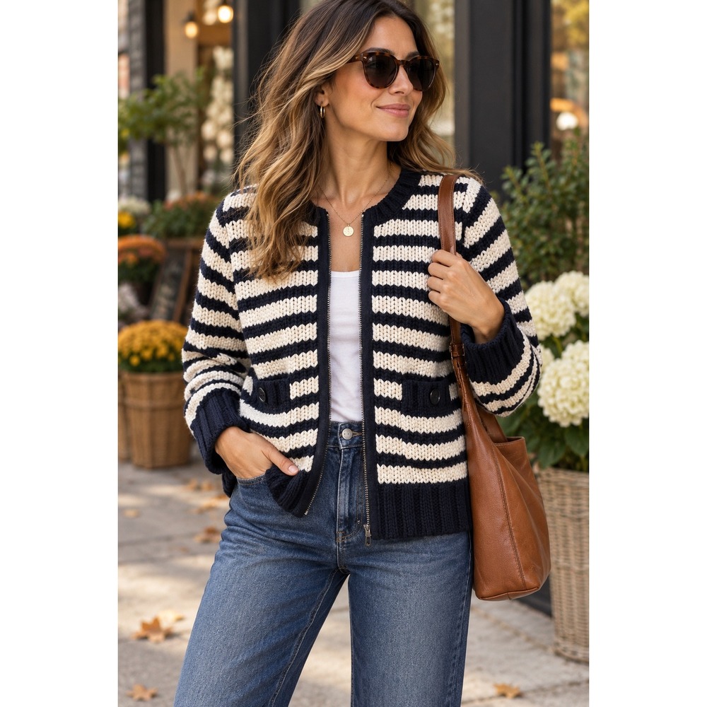 Chic Preppy Nautical Cardigan Coastal Luxe Striped Chunky Cotton Sweater Sz M